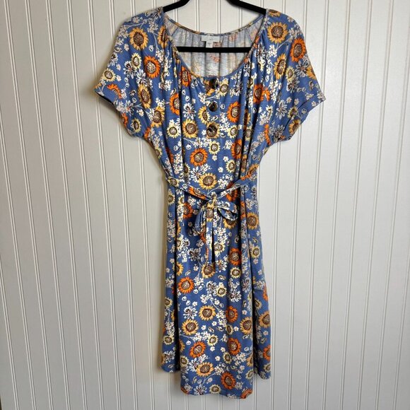 J. Jill Blue Floral Short Sleeve Tie Belt Knee Length Dress K9 - Picture 4 of 9